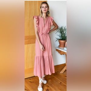 NWT Emerson Fry Chandra Ruffled Sleeveless Maxi Dress Muted Clay Swiss Dot Large